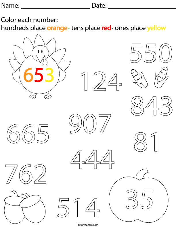 Thanksgiving Place Value Math Worksheet Twisty Noodle
